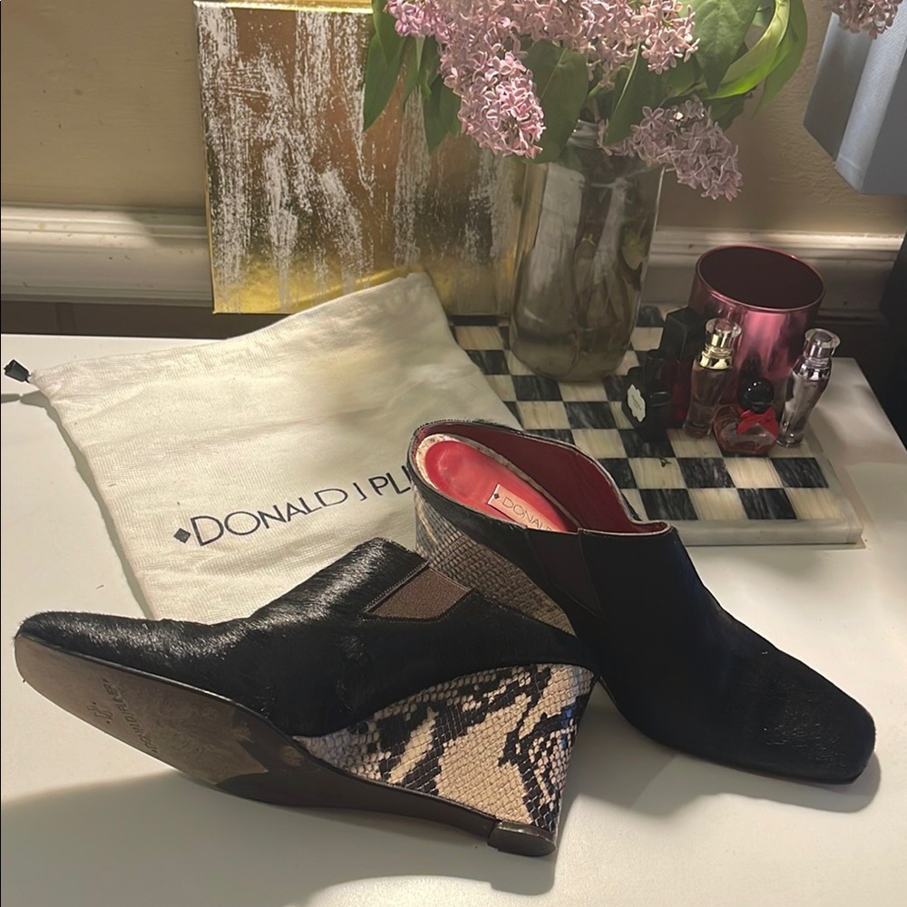 Donald J. Pliner Calf Hair Snake Print Wedge Slip On Leather Mule Shoe